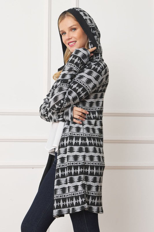 Women's Long Hooded Tribal Print Cardigan