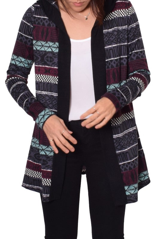 Women's Long Hooded Tribal Print Cardigan