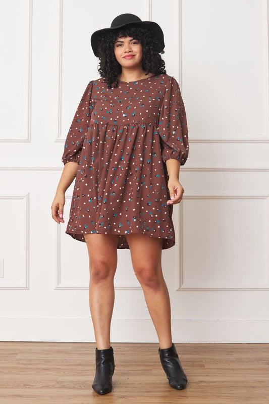 Women's Plus Abstract Polka Dot Bishop Sleeve Mini Dress