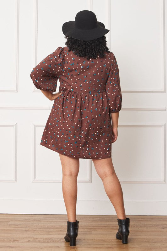 Women's Plus Abstract Polka Dot Bishop Sleeve Mini Dress