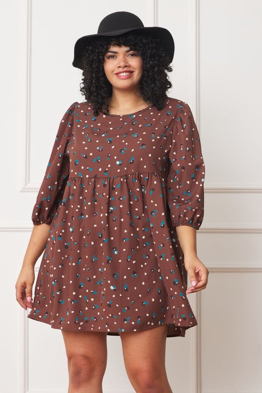 Women's Plus Abstract Polka Dot Bishop Sleeve Mini Dress