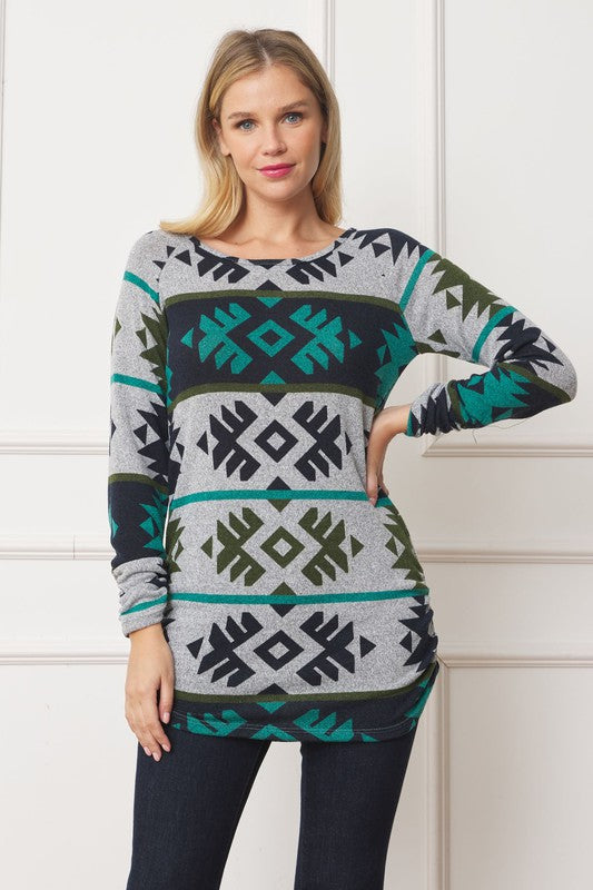 Women's Aztec Shirred Side Accent Top