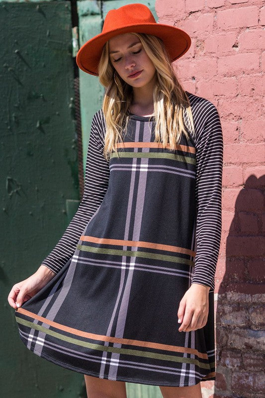 Women's A-Line Mini Dress with Stripe Sleeves