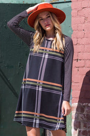 Women's A-Line Mini Dress with Stripe Sleeves