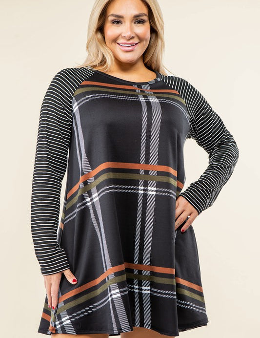 Plus Size A-Line Mini Dress with Stripe Sleeves