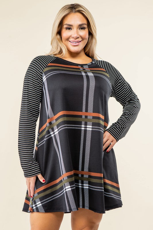 Plus Size A-Line Mini Dress with Stripe Sleeves