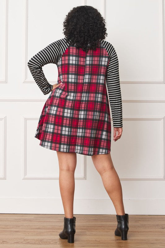 Plus Size A-Line Mini Dress with Stripe Sleeves