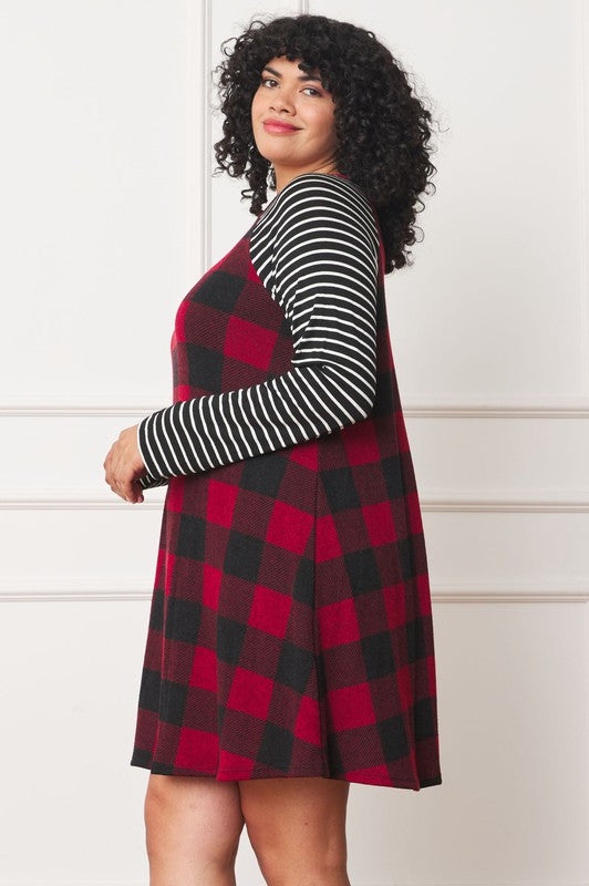 Plus Size A-Line Mini Dress with Stripe Sleeves