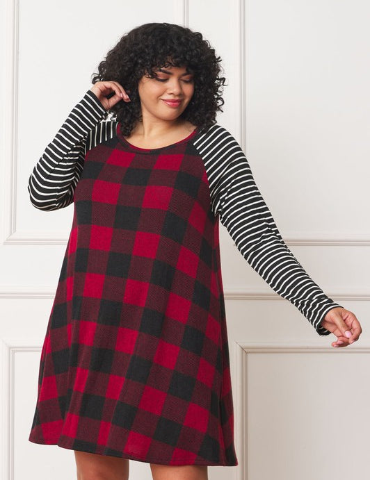 Plus Size A-Line Mini Dress with Stripe Sleeves