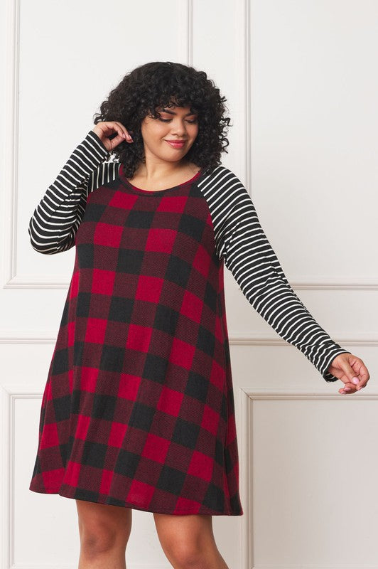 Plus Size A-Line Mini Dress with Stripe Sleeves