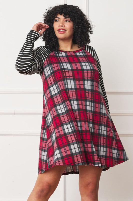 Plus Size A-Line Mini Dress with Stripe Sleeves