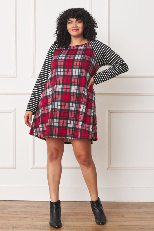 Plus Size A-Line Mini Dress with Stripe Sleeves