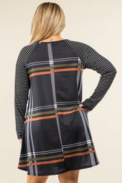 Plus Size A-Line Mini Dress with Stripe Sleeves