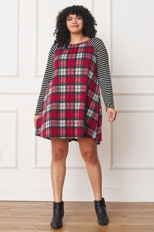 Plus Size A-Line Mini Dress with Stripe Sleeves