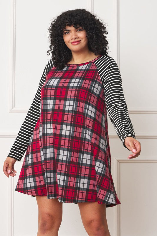 Plus Size A-Line Mini Dress with Stripe Sleeves