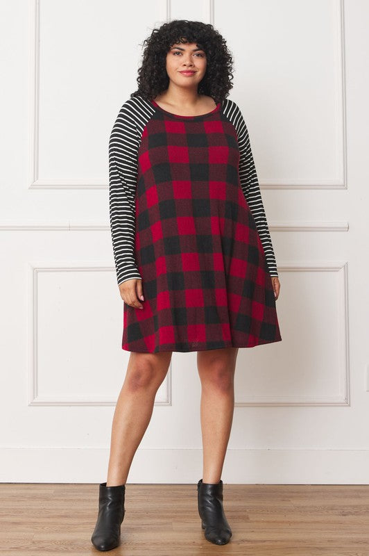 Plus Size A-Line Mini Dress with Stripe Sleeves