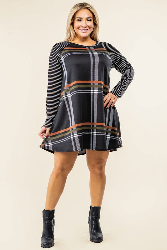 Plus Size A-Line Mini Dress with Stripe Sleeves