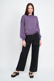 Women's Cable Knit Top with Bubble Sleeves