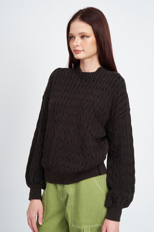 Women's Cable Knit Top with Bubble Sleeves