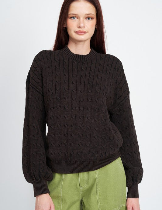 Women's Cable Knit Top with Bubble Sleeves