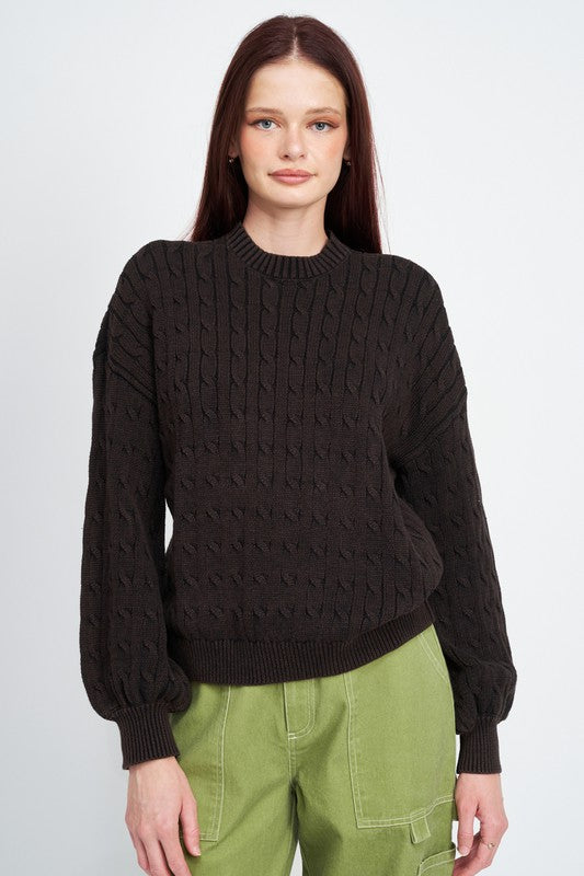 Women's Cable Knit Top with Bubble Sleeves