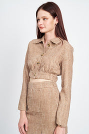 Women's Cropped Tweed Jacket with Shirring Detail