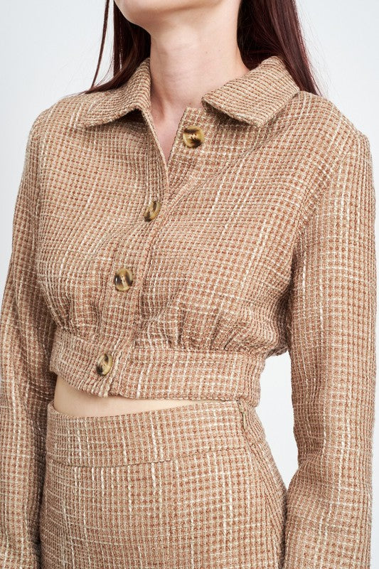 Women's Cropped Tweed Jacket with Shirring Detail