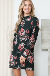 Women's Floral Mock Neck Sweater Dress with Pockets