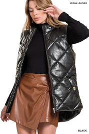 Women's Casual Vegan Leather Puffer Vest