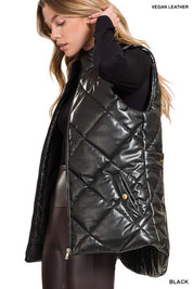 Women's Casual Vegan Leather Puffer Vest