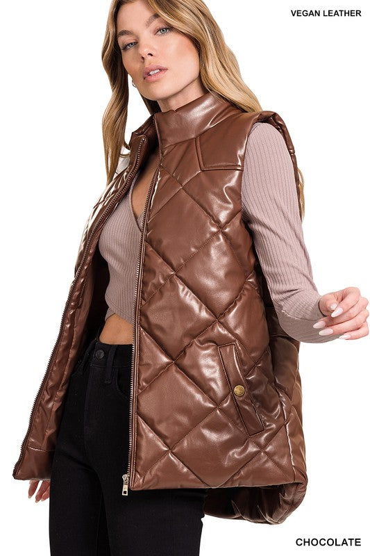 Women's Casual Vegan Leather Puffer Vest