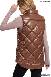 Women's Casual Vegan Leather Puffer Vest