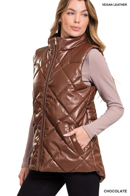 Women's Casual Vegan Leather Puffer Vest