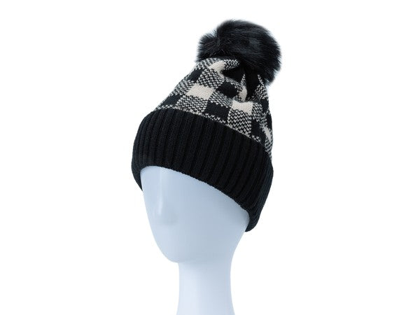 Unisex Slouchy Checkered Pom Pom Beanie