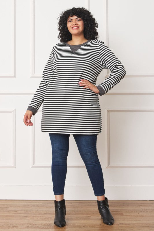 Plus Size Striped V-Stitch Tunic for Women