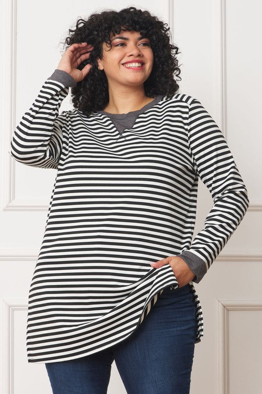 Plus Size Striped V-Stitch Tunic for Women