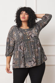 Women's Plus Button Accent Paisley Top