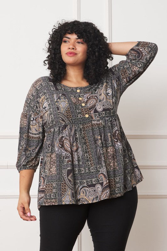 Women's Plus Button Accent Paisley Top