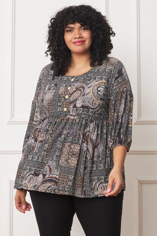 Women's Plus Button Accent Paisley Top