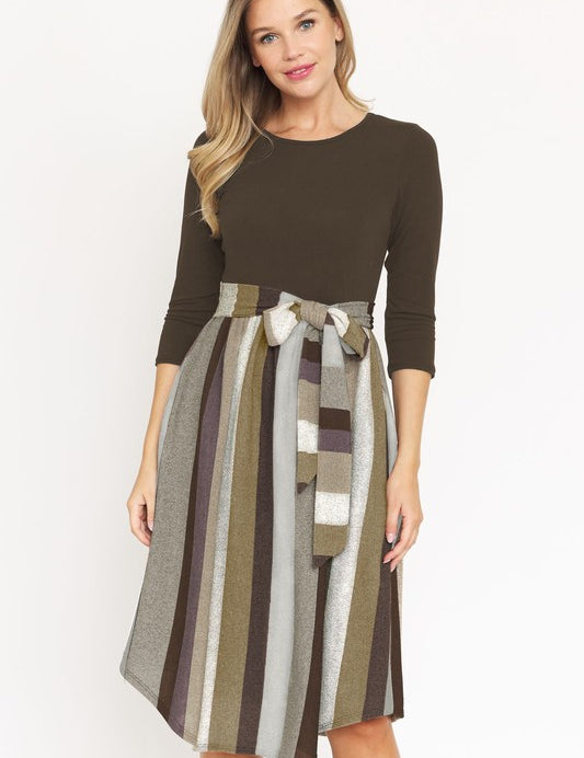 Women's Quarter Sleeve Stripe Midi Dress with Sash