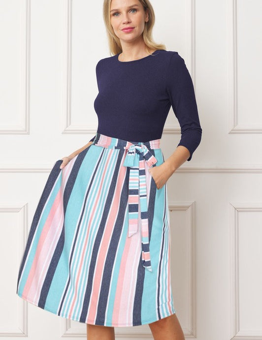 Women's Quarter Sleeve Stripe Midi Dress with Sash