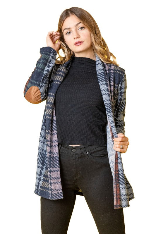 Women's Multi Color Plaid Elbow Patch Cardigan