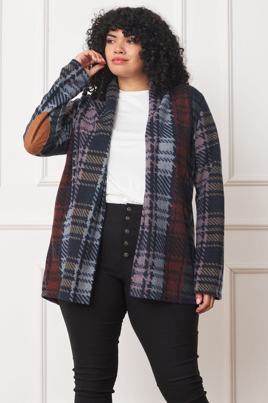 Women's Multi Color Plaid Elbow Patch Cardigan