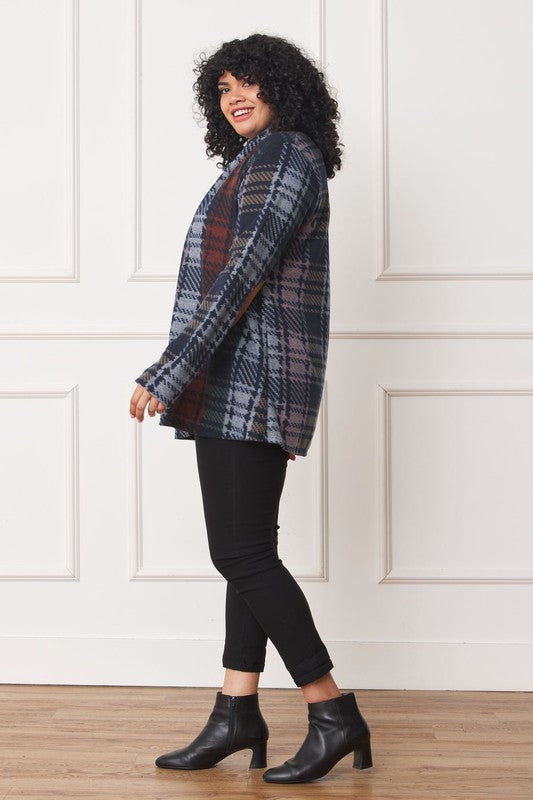 Women's Plus Multi-Color Plaid Elbow Patch Cardigan