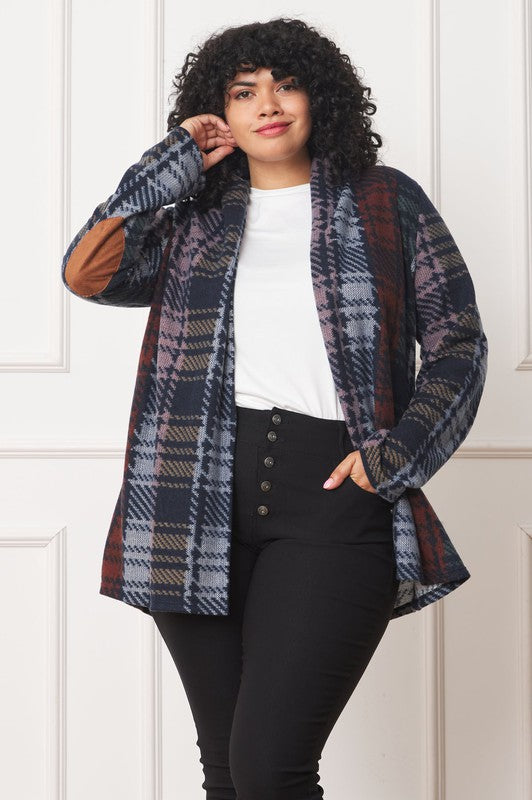 Women's Plus Multi-Color Plaid Elbow Patch Cardigan