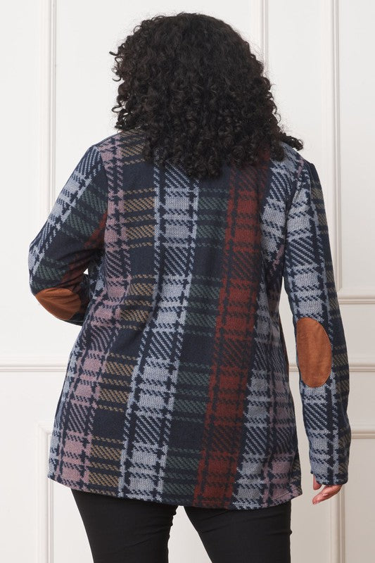 Women's Plus Multi-Color Plaid Elbow Patch Cardigan