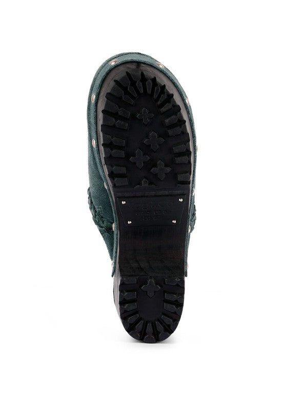 Women's Seaweed Green Suede Leather Block Heeled Clogs