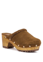 Women's Seaweed Green Suede Leather Block Heeled Clogs