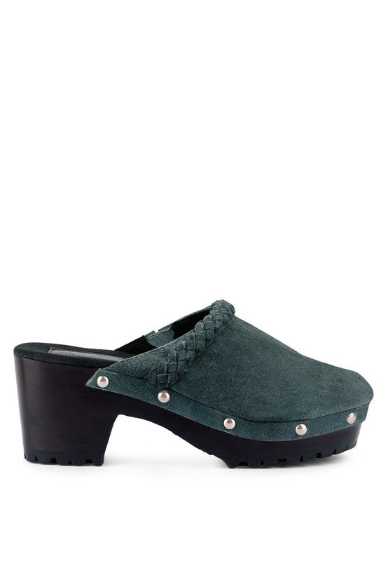 Women's Seaweed Green Suede Leather Block Heeled Clogs