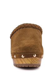 Women's Seaweed Green Suede Leather Block Heeled Clogs